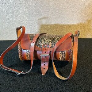 Leather Cylindrical Crossbody Bag w/ Aztec Calendar Design. Two-tone Color